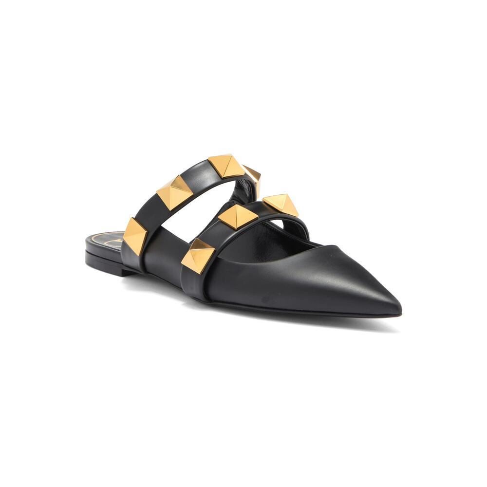 Valentino Garavani Black Roman Stud Flat Leather Mules Gold 35.5